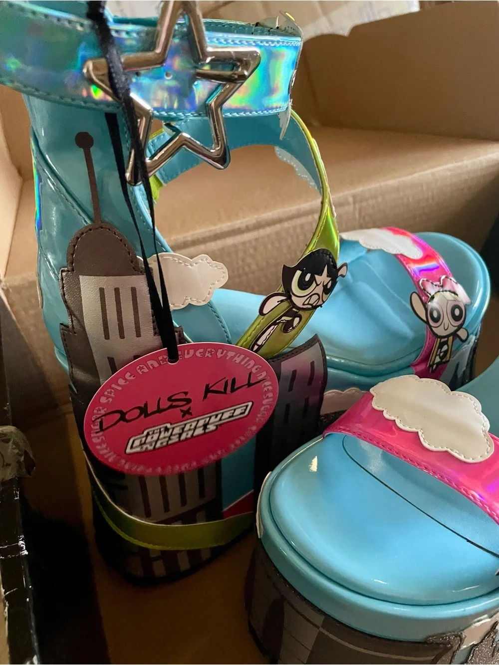 Dolls Kill The Powerpuff Girls Blue Holographic Platform Sandals size 8 NEW